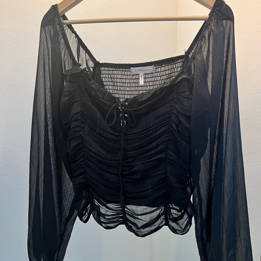 BCBGeneration Black 3/4 Sleeve Ruched Tie Front Blouse